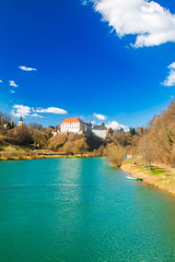 Fototapeta na wymiar Ozalj Castle above the river Kupa, countryside landscape, Croatia 