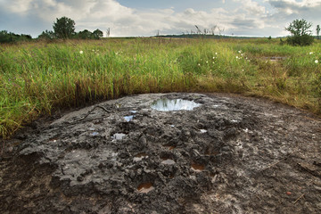 Spills of crude oil on the soil surface. Crater of the volcano.Mud volcano