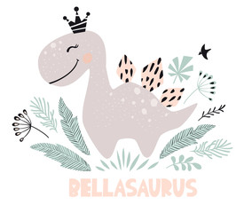 Dinosaur baby girl cute print. Sweet dino princess with crown. Cool stegosaurus illustration © Vasileva