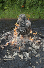 Natural combustion of gas on place of the old ozokerite mine. Ecological catastrophe.