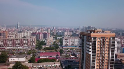 Beautiful aerial dorne shot of the buildings in the Krasnoyarsk city
