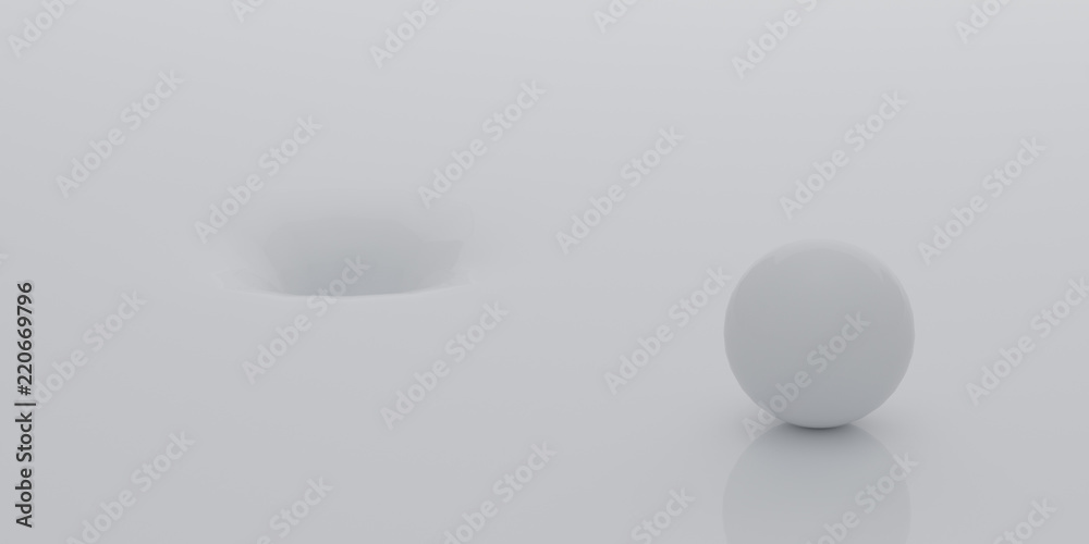 Poster Abstract of white surface with random position of hole and white sphere ball,minimal concept,Futuristic space. 3D rendering
