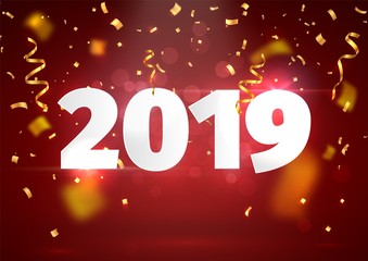 Happy New Year red background with blur golden tickers. Paper numbers 2019 with explosion confetti