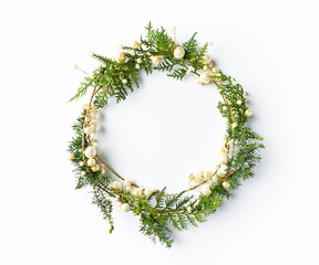 Christmas wreath with natural evegreen twigs. Flatlay. Copy space