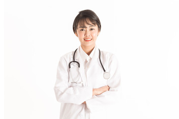Beautiful Attractive Asian doctor woman with stethoscope smile and cross arm feeling so happiness and confident,Isolated on white background,Healthcare Concept