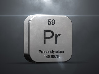 Praseodymium element from the periodic table. Metallic icon 3D rendered with nice lens flare