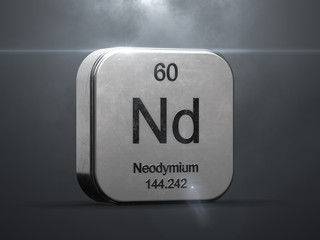 Neodymium element from the periodic table. Metallic icon 3D rendered with nice lens flare
