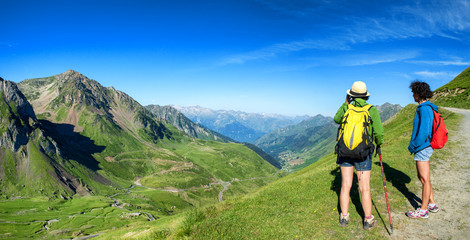 two women hikers on the trail of  Pic du Midi de Bigorre in the Pyrenees