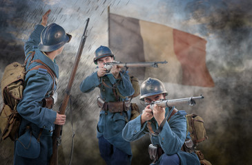 French soldiers 1914 1918 attack, November 11th - obrazy, fototapety, plakaty
