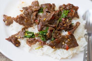 stir-fried spicy beef with basil on rice ,Thai food