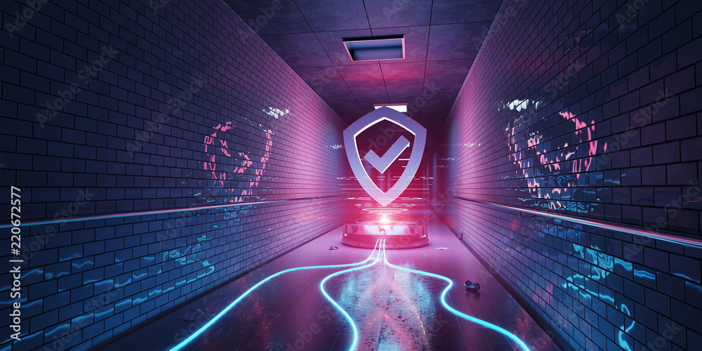 Poster underground cyber security hologram with digital shield 3d rendering