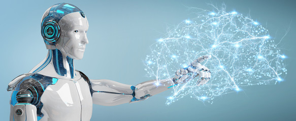 Obraz na płótnie Canvas White man humanoid creating artificial intelligence 3D rendering