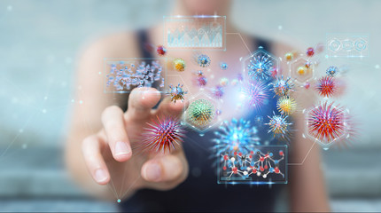 Businesswoman analyzing bacteria microscopic close-up 3D rendering