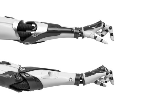 3d rendering of two robot arms with thumbs and index fingers measuring an extremely small object.