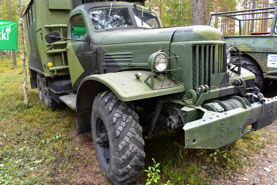 A military truck was exhibited in the forest during the FinnMetko display in Finland.