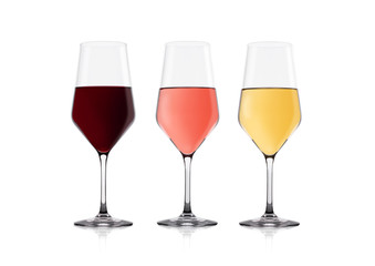 Glasses of white red and pink rose wine on white