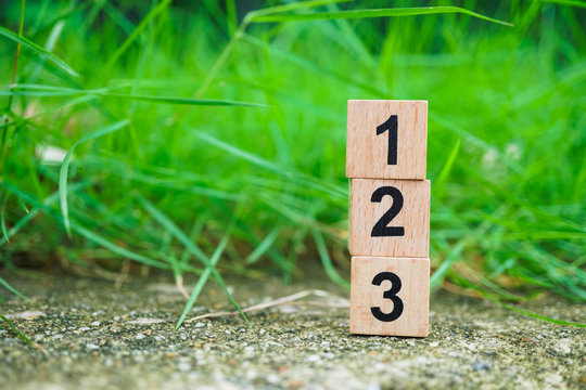 Wooden number on green nature background, using as business and competition concept