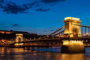 Chain bridge at night in Budapest, Hungary