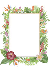 Bright polygonal tropical frame with fruits, flowers and leaves.