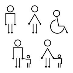 Wc restroom toilet line icons man woman wheelchair person. Line icons for Wc