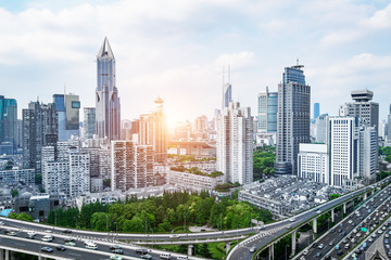 Fototapeta na wymiar city highway overpass panoramic with shanghai skyline, modern traffic background
