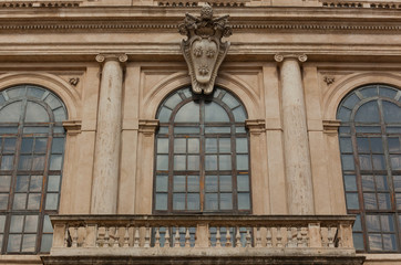 Rome, Italy - 2018 August 24: Balcony of Palazzo (Palace) Barberini with Coat of Arms