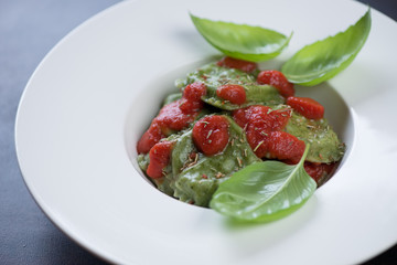 Close-up of spinach ravioli with tomato sauce and fresh green basil served in a white plate, studio shot