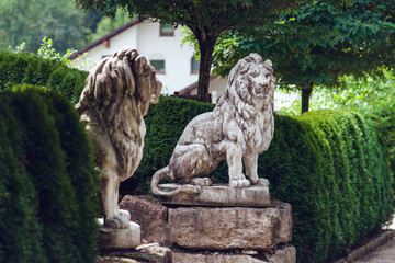 Two sculpturs of lion near the house entrance