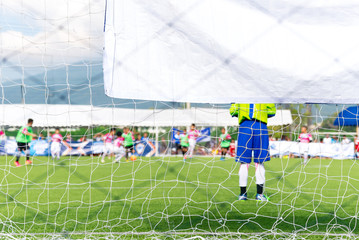soccer net at football match competition, focus on soccer net