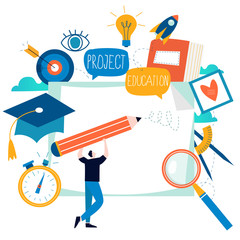 Fototapeta premium Education, online training courses, distance education flat vector illustration. Internet studying, online classes, tutorials, e-learning, online education design for mobile and web graphics