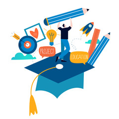Education, online training courses, distance education flat vector illustration. Internet studying, online classes, tutorials, e-learning, online education design for mobile and web graphics
