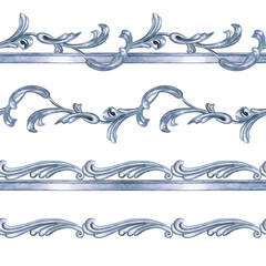 Silver seamless border of baroque, watercolor pattern on white background, isolated.