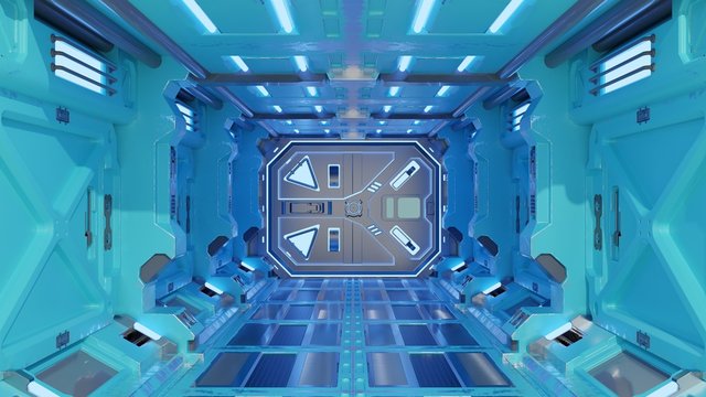 Realistic sci-fi spaceship corridor have blue wall,3D rendering