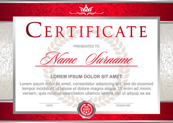 certificate in the official, solemn, elegant, Royal style in red and silver tones, with the image of the crown