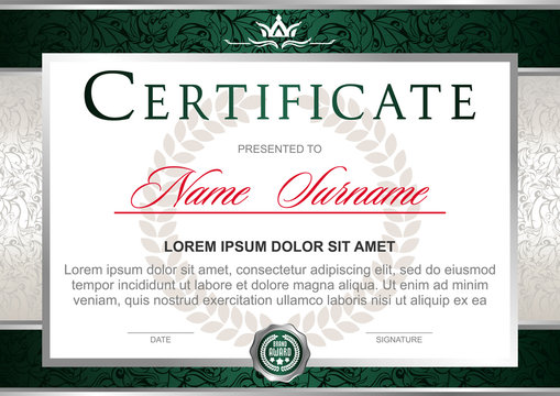 Certificate in the official, solemn, elegant, Royal style in green and silver tones, with the image of the crown
