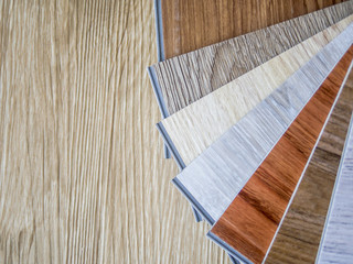 Naklejka na ściany i meble STACK SAMPLE OF VINYL WOOD PATTERN for floor decoration design ,flat lay with copy space