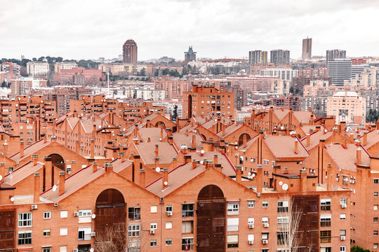 District of residential buildings of red brick in Madrid