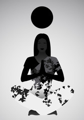 Silhouette of girl doing yoga or meditation under a black sphere