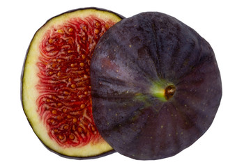 Close-up of a fresh sliced ripe purple fig fruit isolated on a white background. Concept health.