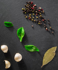 Garlick fennel pepper of basilic on a black stone background