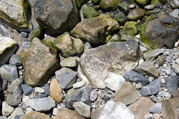 Fototapeta na wymiar A view of rocks and stones at the Malibu beach from an high angle view for backgrounds or wallpapers in summer time