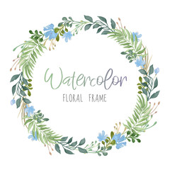 Fototapeta na wymiar Vector romantic floral round frame with green leaves and blue flowers in watercolor style isolated on white background