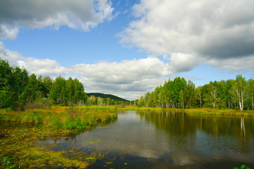 Fototapeta na wymiar Slowly the current river in early autumn