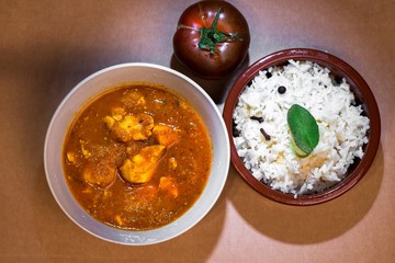 Madras curry with rice. Indian meal.