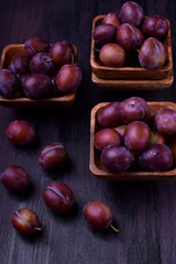 Fresh ripe blue plums against the dark background