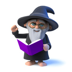 Fototapeta na wymiar Vector 3d Funny cartoon wizard character reads from his book magic spells