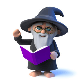 Vector 3d Funny cartoon wizard character reads from his book magic spells