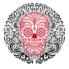 mexican sugar skulls with circular floral pattern background. DAY OF THE DEAD. Design element for poster, greeting card, banner, t shirt, flyer, emblem.