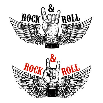 Rock festival. Human hand with rock and roll sign on background with wings.  Design element for t-shirt print, poster.