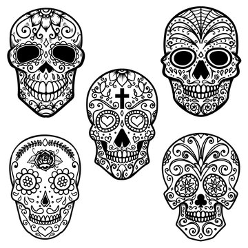 Set of  sugar skull isolated on white background. Day of the dead. Design element for poster, card, banner, print.